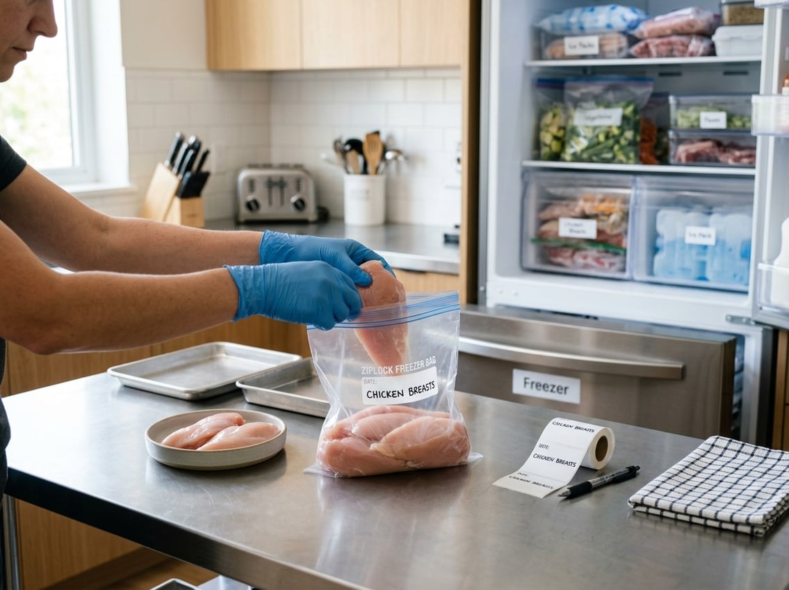 Hands placing raw chicken breasts into a freezer bag in a clean kitchen near an open freezer drawer.