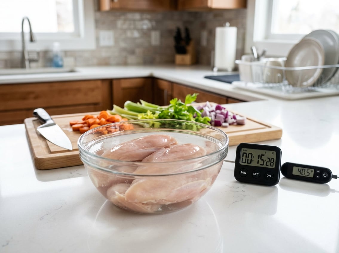 Raw chicken breasts thawing in a glass bowl of water on a kitchen countertop with fresh vegetables and kitchen tools nearby.