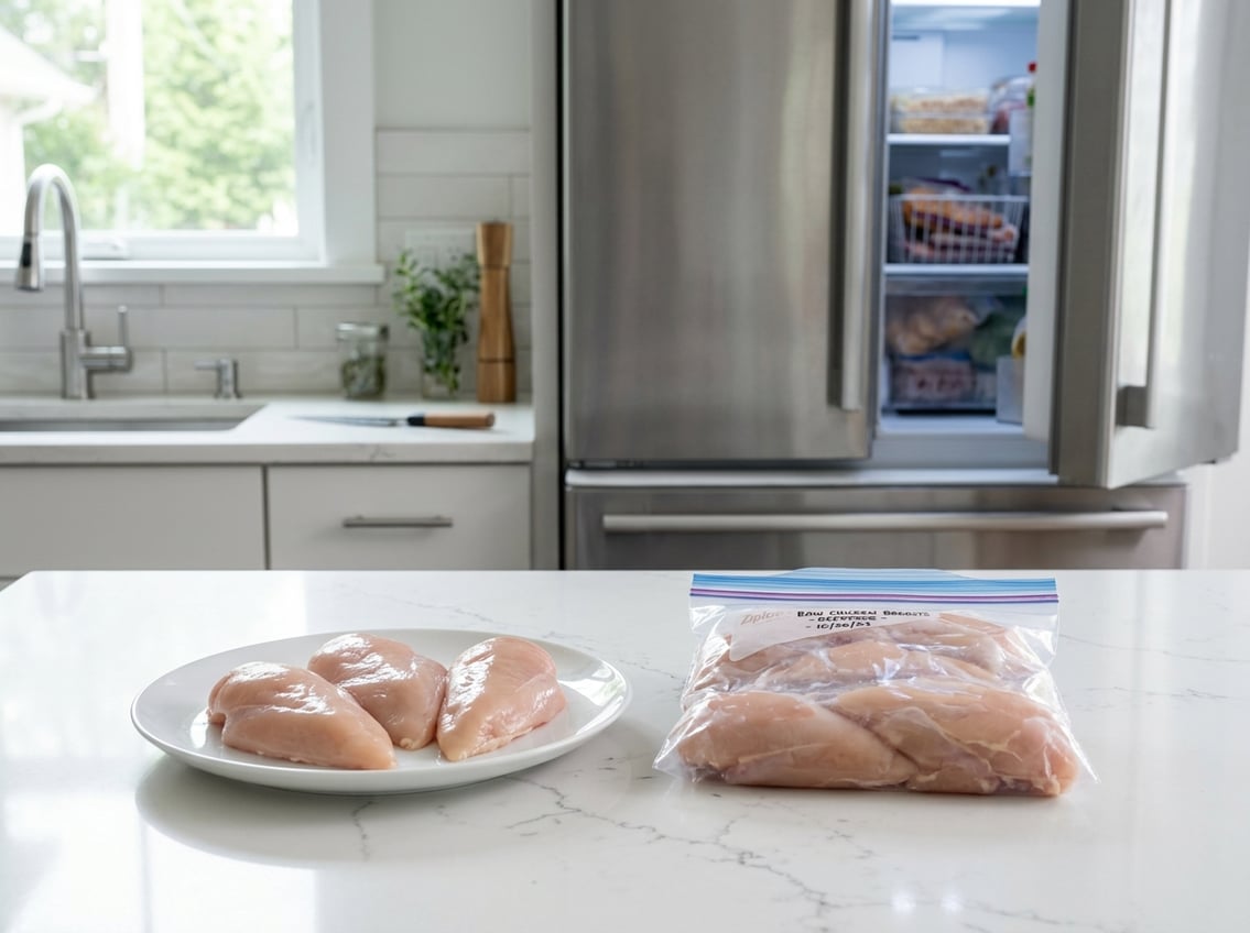 Raw chicken breasts on a plate next to a sealed freezer bag on a kitchen countertop with a refrigerator in the background.