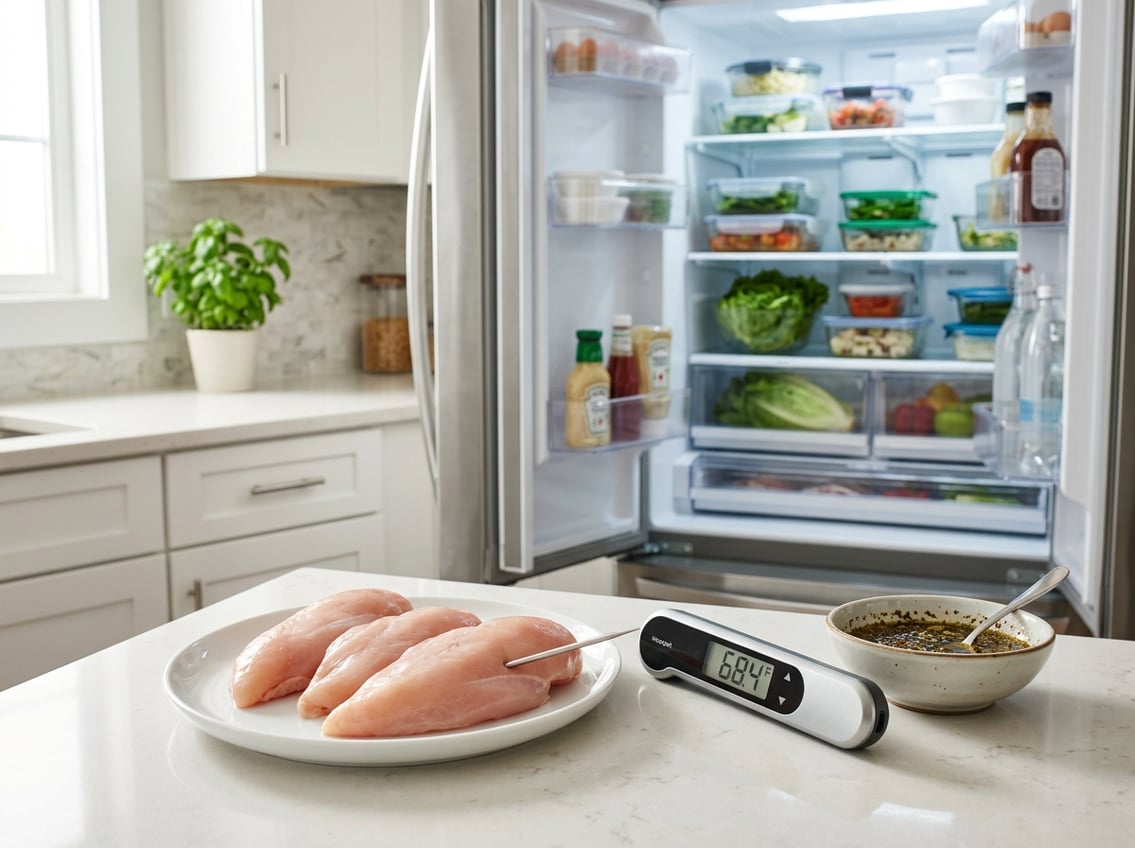 Raw chicken breasts on a plate with a kitchen thermometer and a refrigerator in the background.