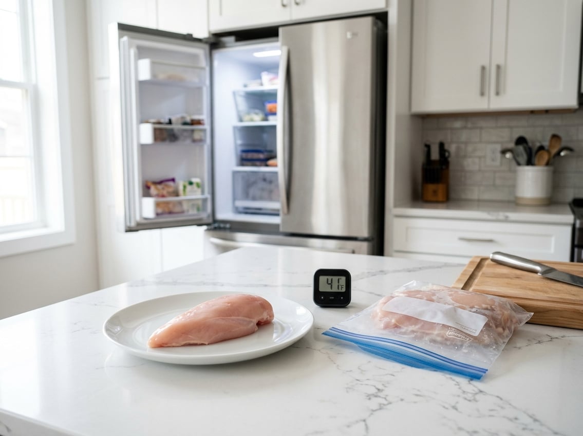 Raw chicken breast on a plate next to a sealed plastic bag and a kitchen thermometer on a countertop with a refrigerator door open in the background.
