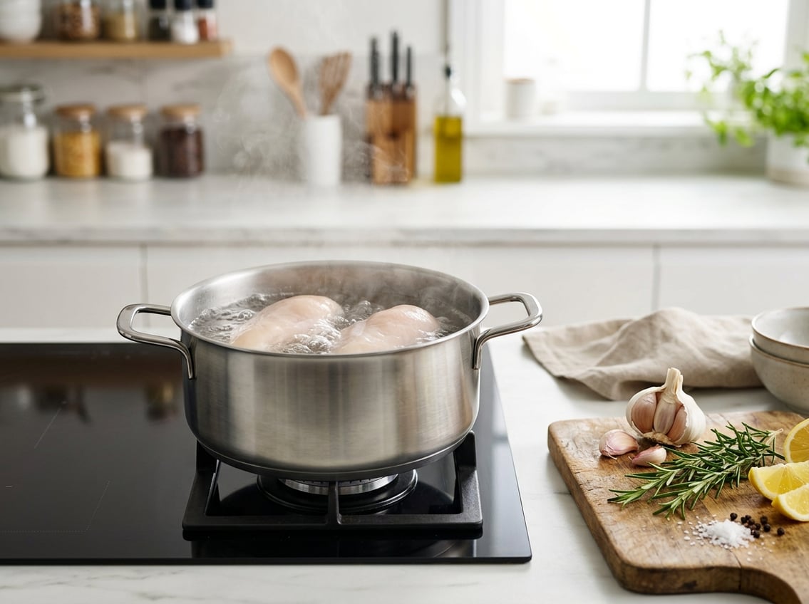 A kitchen scene showing chicken breasts boiling in a pot of water on a stove with fresh herbs and lemon slices nearby.