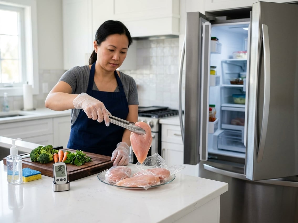 A person wearing gloves handling raw chicken breasts near an open freezer in a clean kitchen.