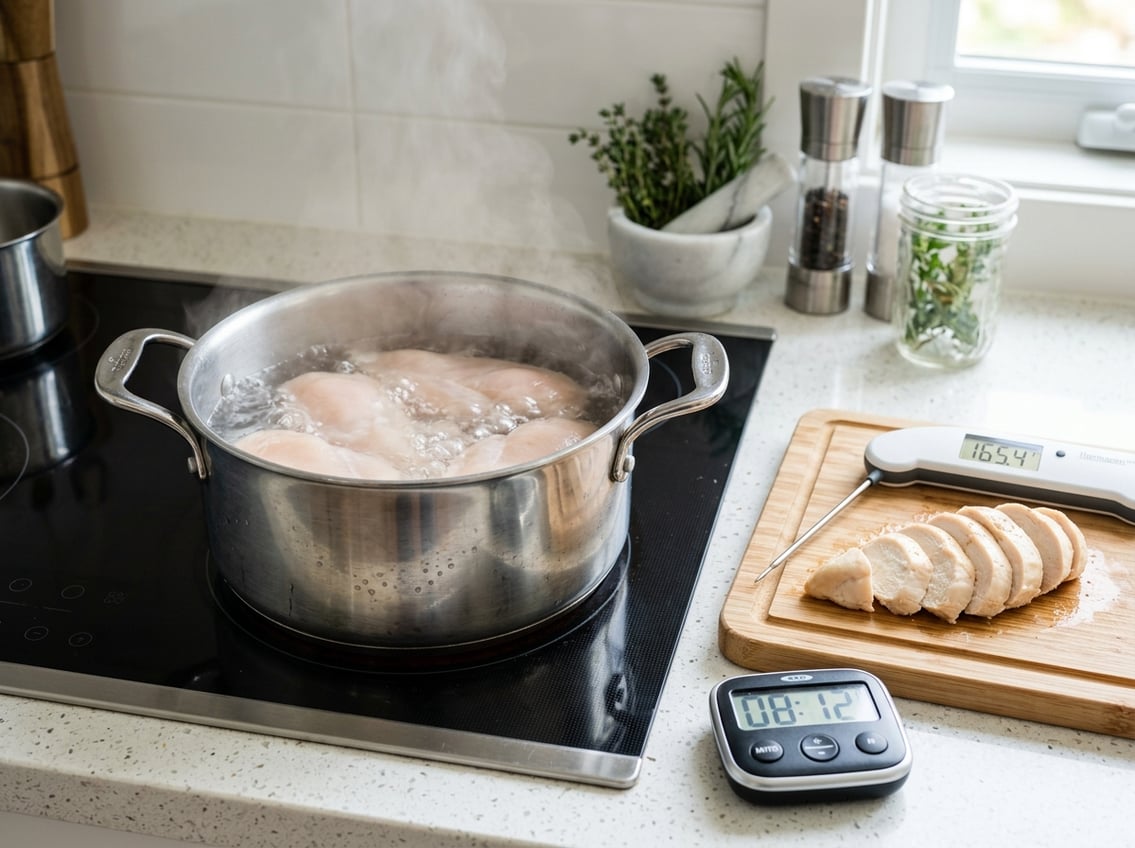 Close-up of chicken breasts boiling in a pot on a stove with a kitchen timer, food thermometer, and sliced cooked chicken breast on a cutting board nearby.