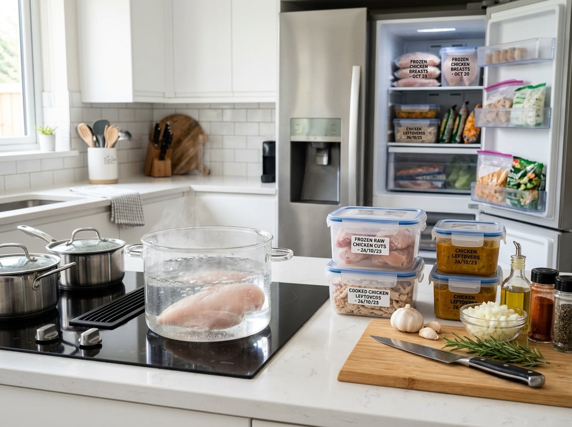 A kitchen scene showing a chicken breast boiling in a pot on the stove, with containers of frozen chicken and leftovers on the countertop nearby.