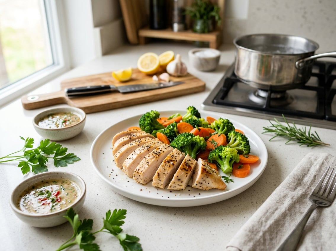 Sliced cooked chicken breasts on a plate with fresh herbs and steamed vegetables on a kitchen countertop.