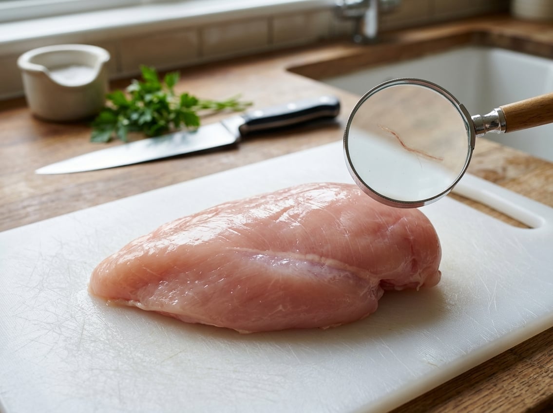 Close-up of a raw chicken breast on a cutting board with a magnifying glass highlighting a small worm-like object in the meat.