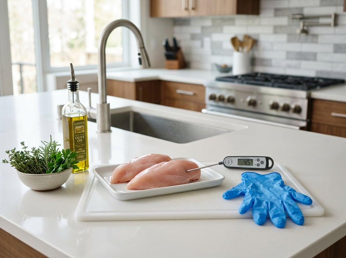 Raw chicken breasts on a cutting board in a clean kitchen with gloves and a food thermometer nearby.