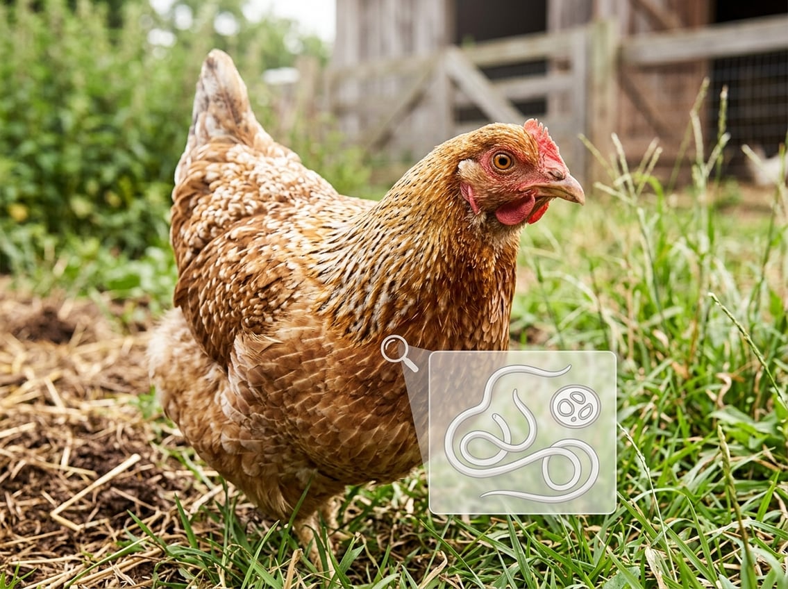 Close-up of a live chicken standing outdoors in a farm setting with a subtle illustration of worms near its breast area.