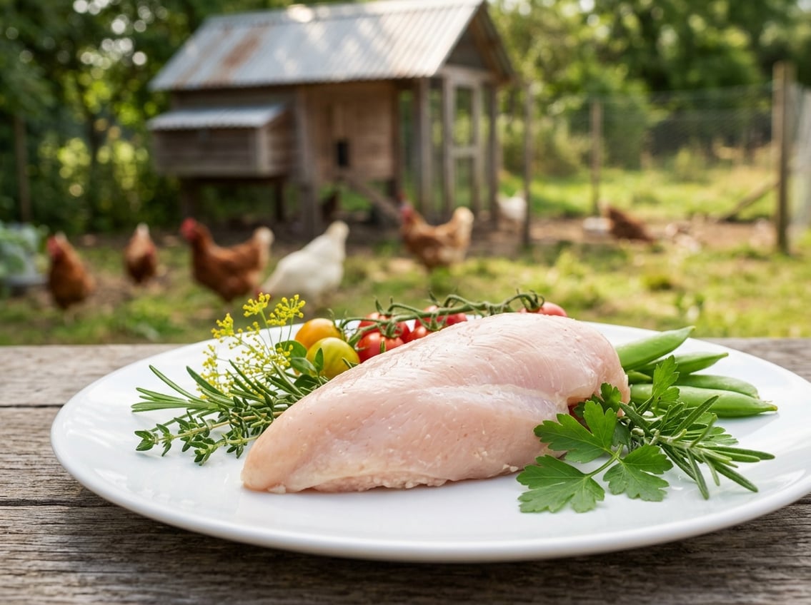 Close-up of a fresh chicken breast on a white plate with herbs, with a blurred farm scene and chickens in the background.