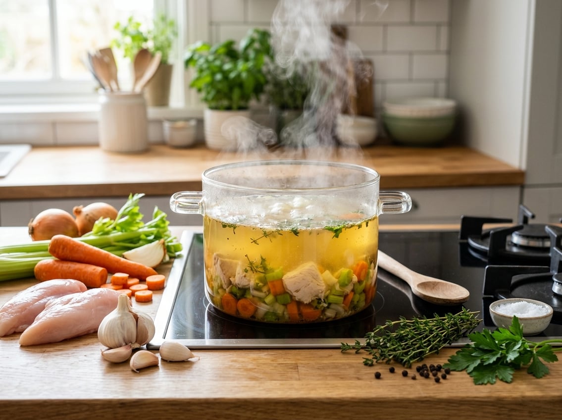 A clear pot of simmering chicken broth on a stove surrounded by fresh chicken breasts, vegetables, and herbs in a bright kitchen.