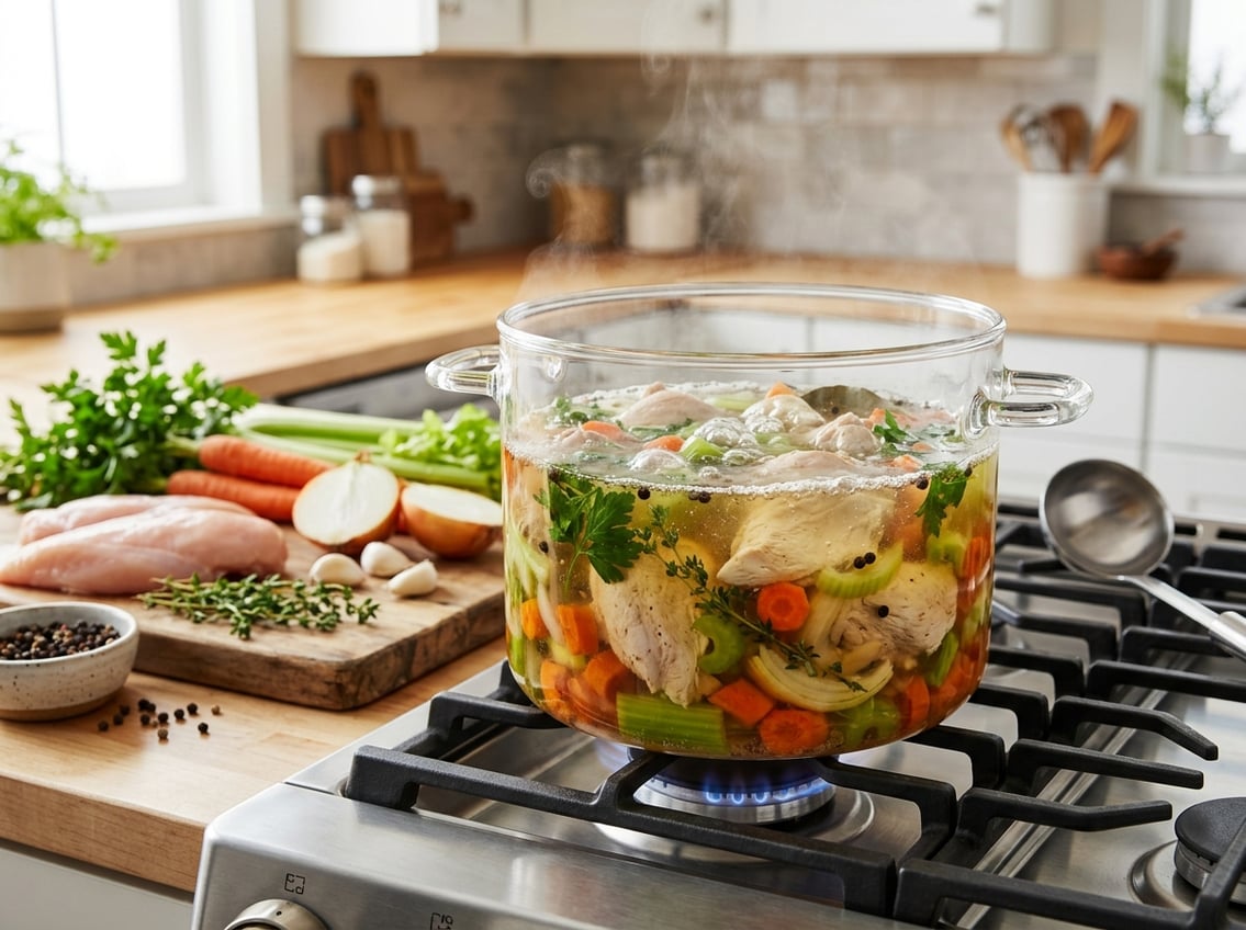 A kitchen scene with a pot simmering chicken breasts and vegetables on a stove, surrounded by fresh ingredients on a cutting board.