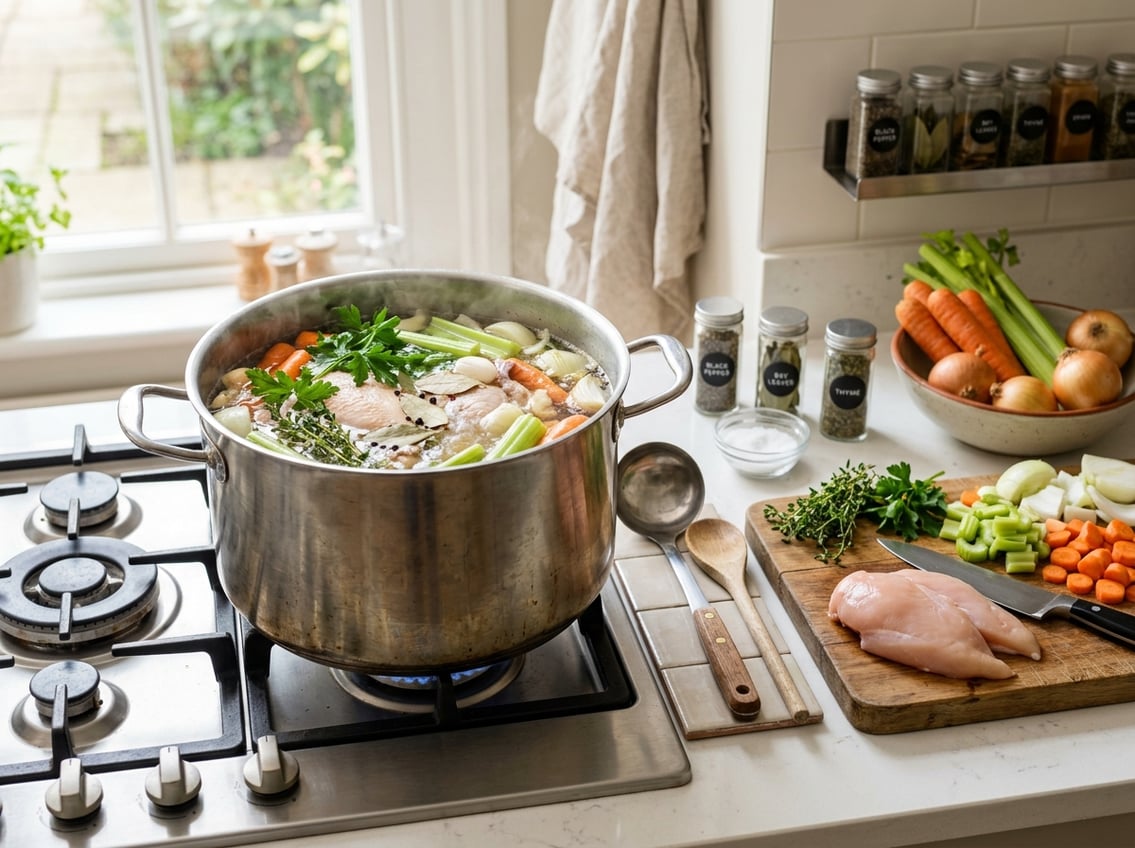 A kitchen countertop with a pot simmering chicken breasts and vegetables to make broth, surrounded by fresh ingredients and cooking utensils.