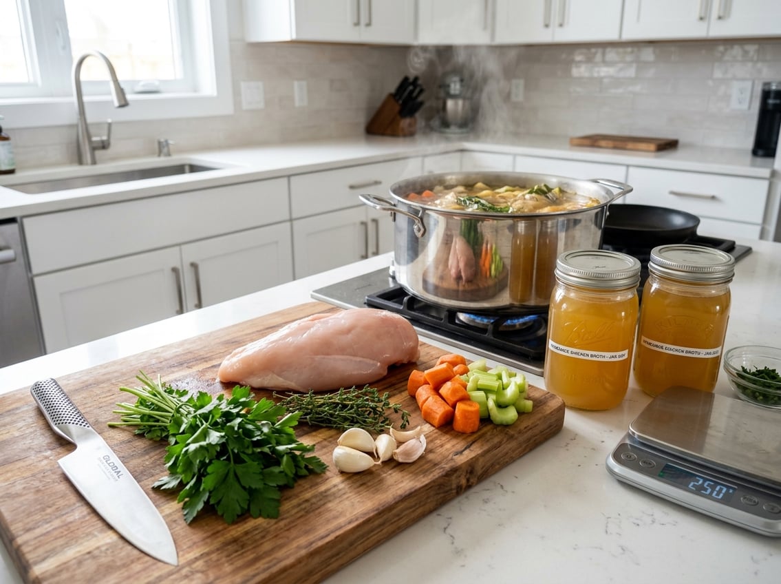 A kitchen scene with raw chicken breast, fresh vegetables, herbs, and a pot of simmering broth on the stove.