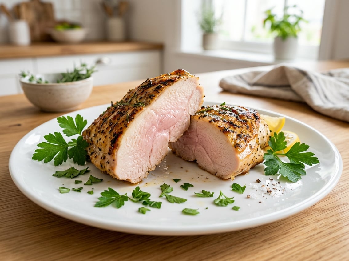 A sliced chicken breast on a white plate with green herbs, showing a slightly pink interior.