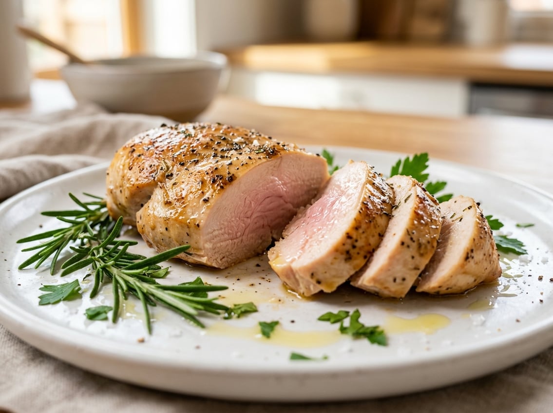 A sliced cooked chicken breast with a slight pink center on a white plate, garnished with fresh green herbs.