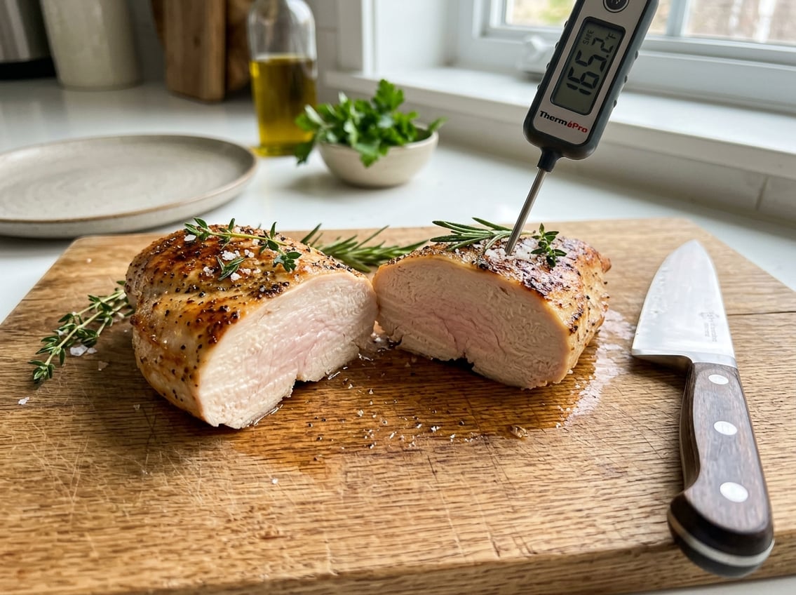 Close-up of a sliced cooked chicken breast on a cutting board with a meat thermometer inserted showing a safe temperature.