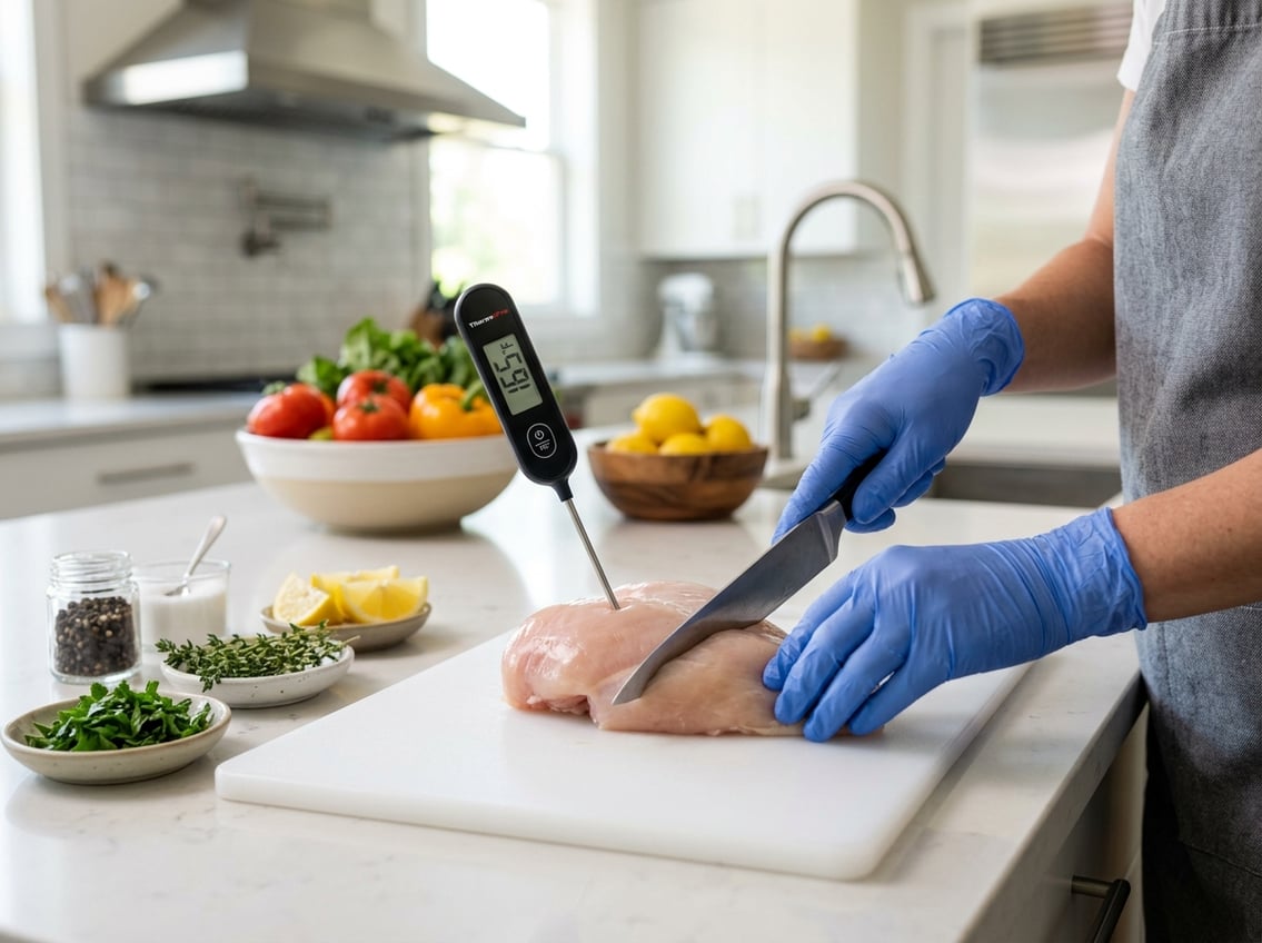 Hands wearing gloves checking the temperature of a raw chicken breast on a cutting board in a clean kitchen.