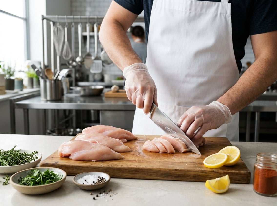 A person trimming raw boneless chicken breasts on a cutting board in a kitchen with fresh ingredients nearby.