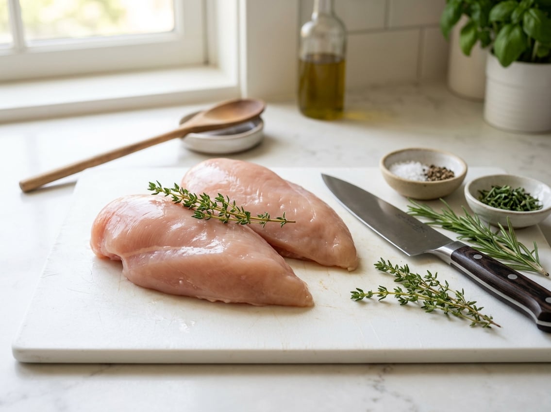 Close-up of raw boneless chicken breasts on a white cutting board with herbs and a knife on a kitchen countertop.