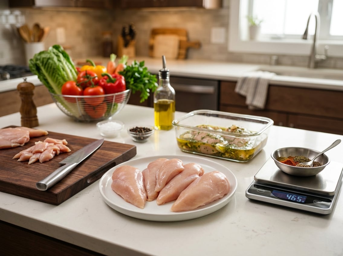 Fresh boneless chicken breasts on a plate surrounded by kitchen tools and fresh vegetables on a countertop.