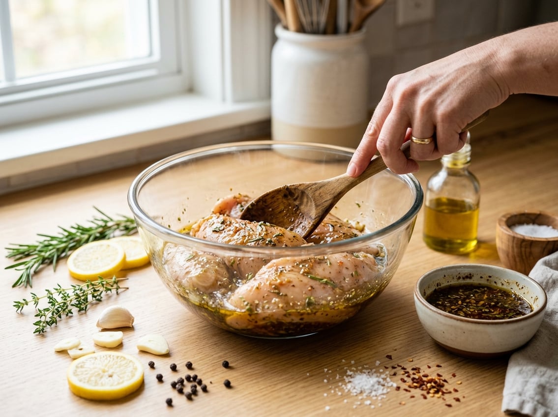 Close-up of raw chicken breasts being mixed with marinade and fresh herbs in a glass bowl on a kitchen countertop.