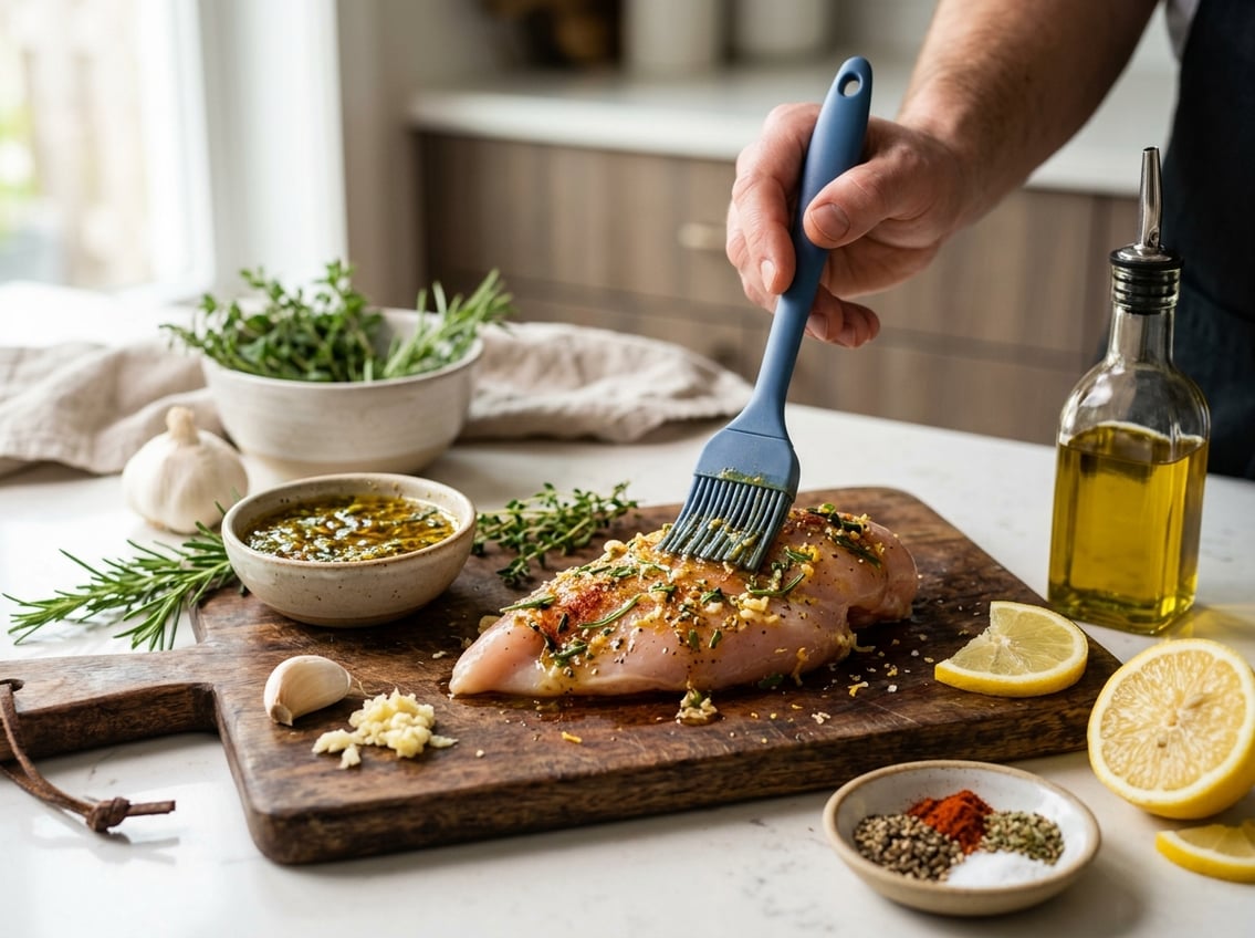 Close-up of raw chicken breasts being marinated with herbs and spices on a wooden cutting board in a kitchen.