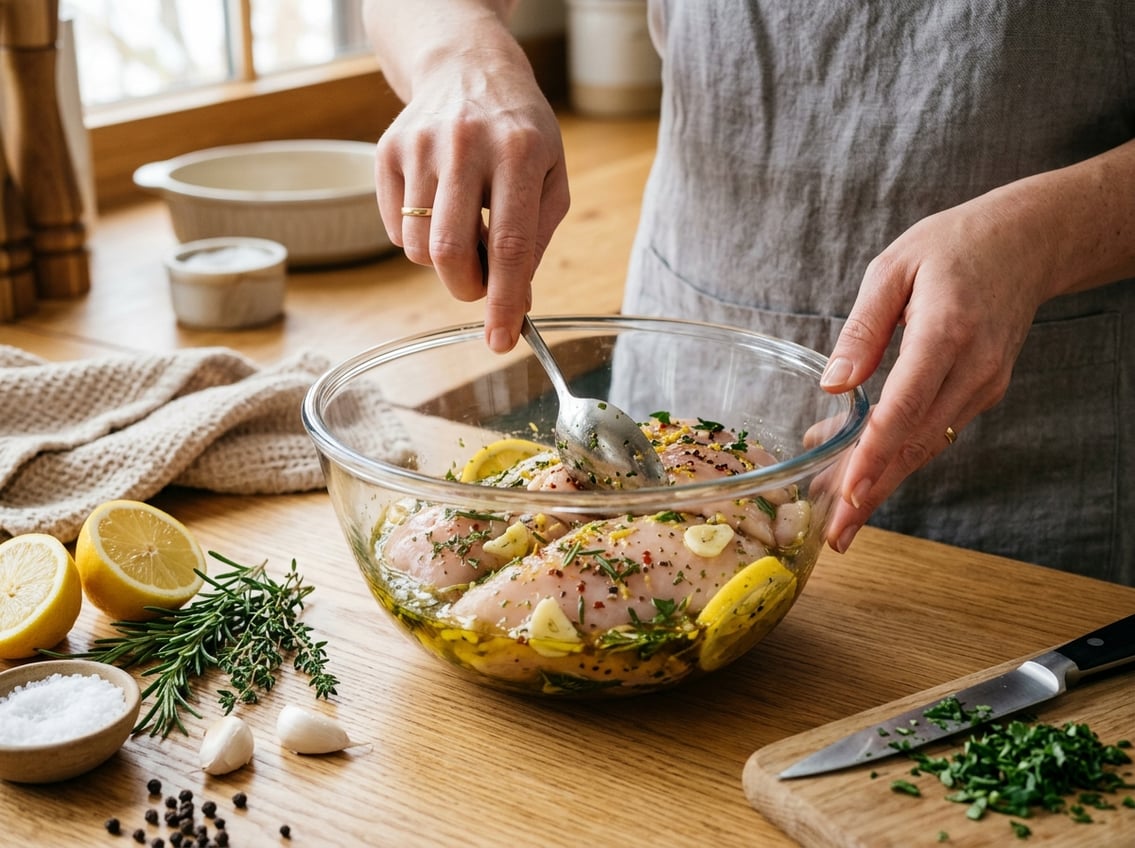 Hands mixing raw chicken breasts in a glass bowl with herbs and lemon slices on a kitchen countertop.