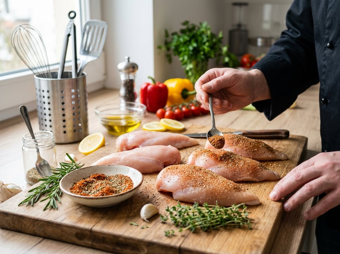 A kitchen scene showing raw chicken breasts on a cutting board with herbs, lemon slices, garlic, and a hand applying dry rub seasoning.