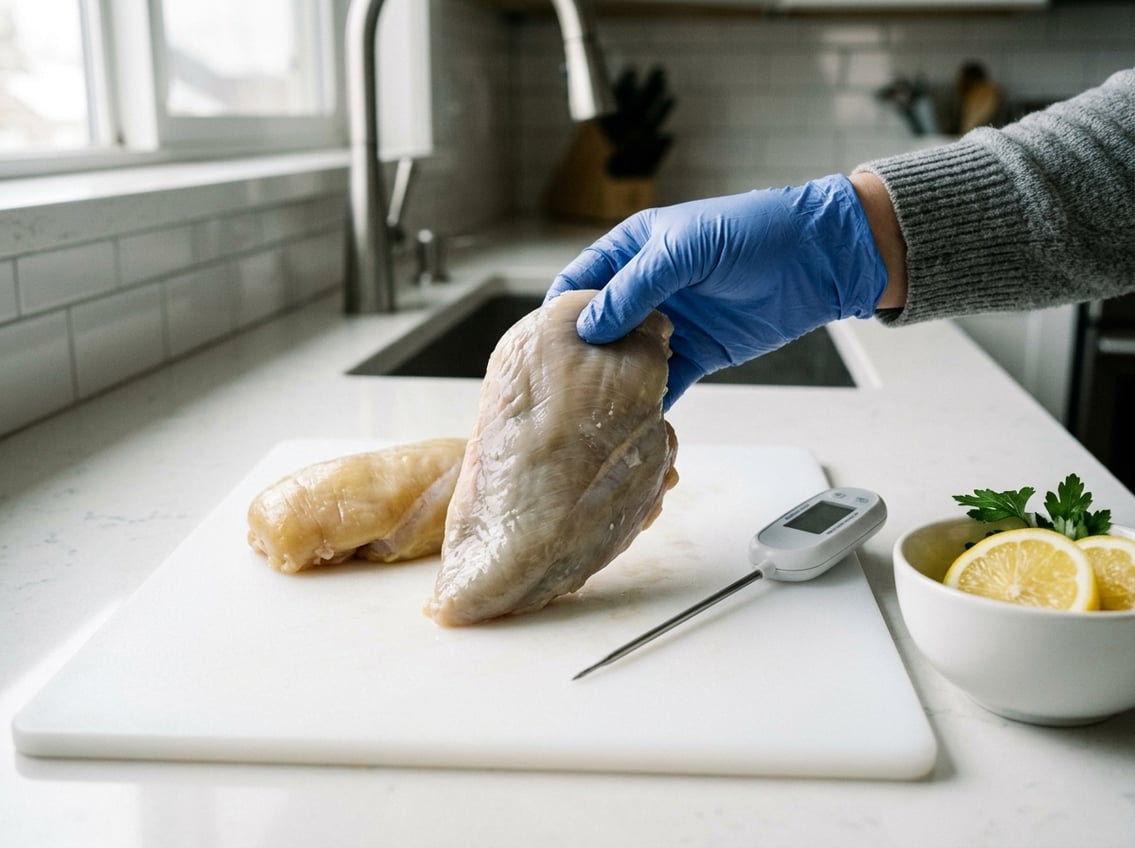 Close-up of raw chicken breasts on a cutting board being inspected by a gloved hand in a kitchen setting.
