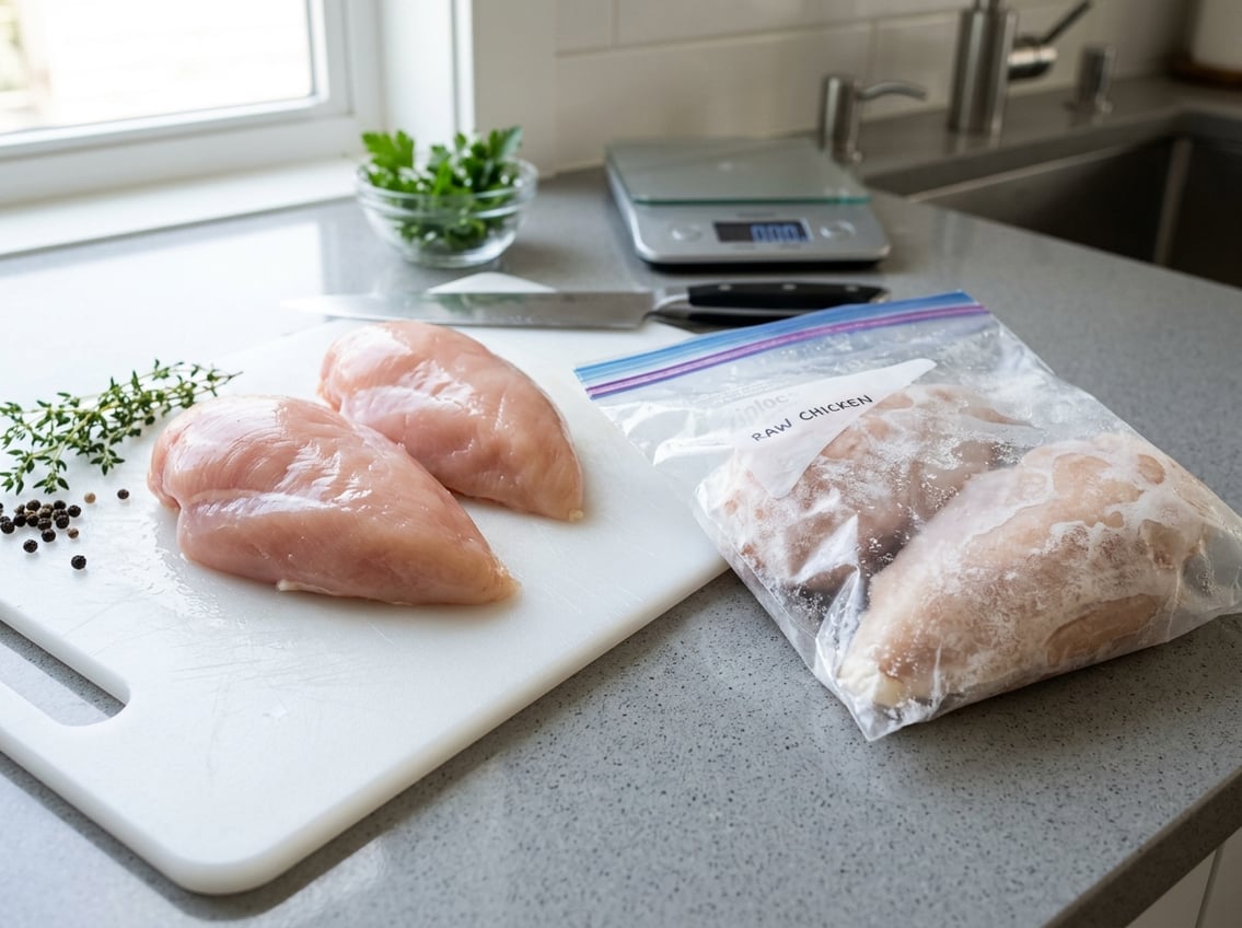 Close-up of fresh raw chicken breasts on a cutting board next to a freezer bag with frozen chicken in a kitchen.