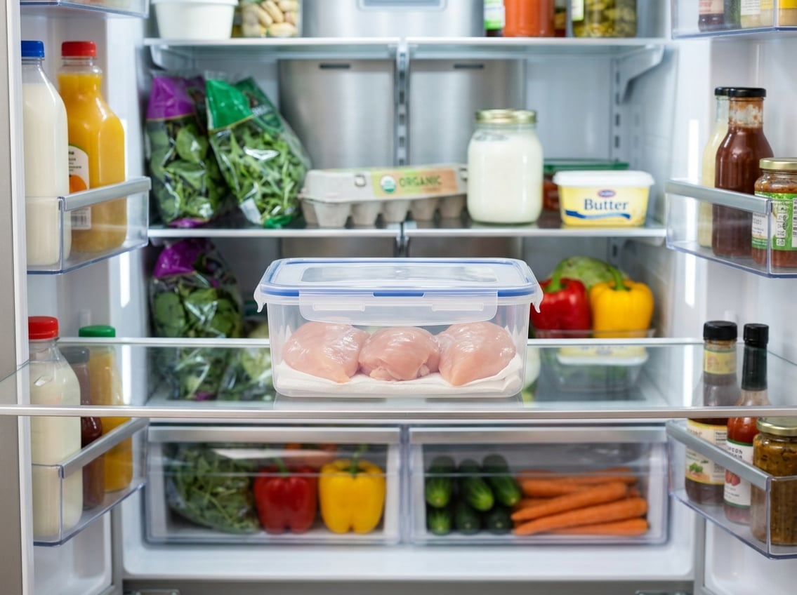 Fresh raw chicken breasts stored in a transparent airtight container inside a clean, organized refrigerator.