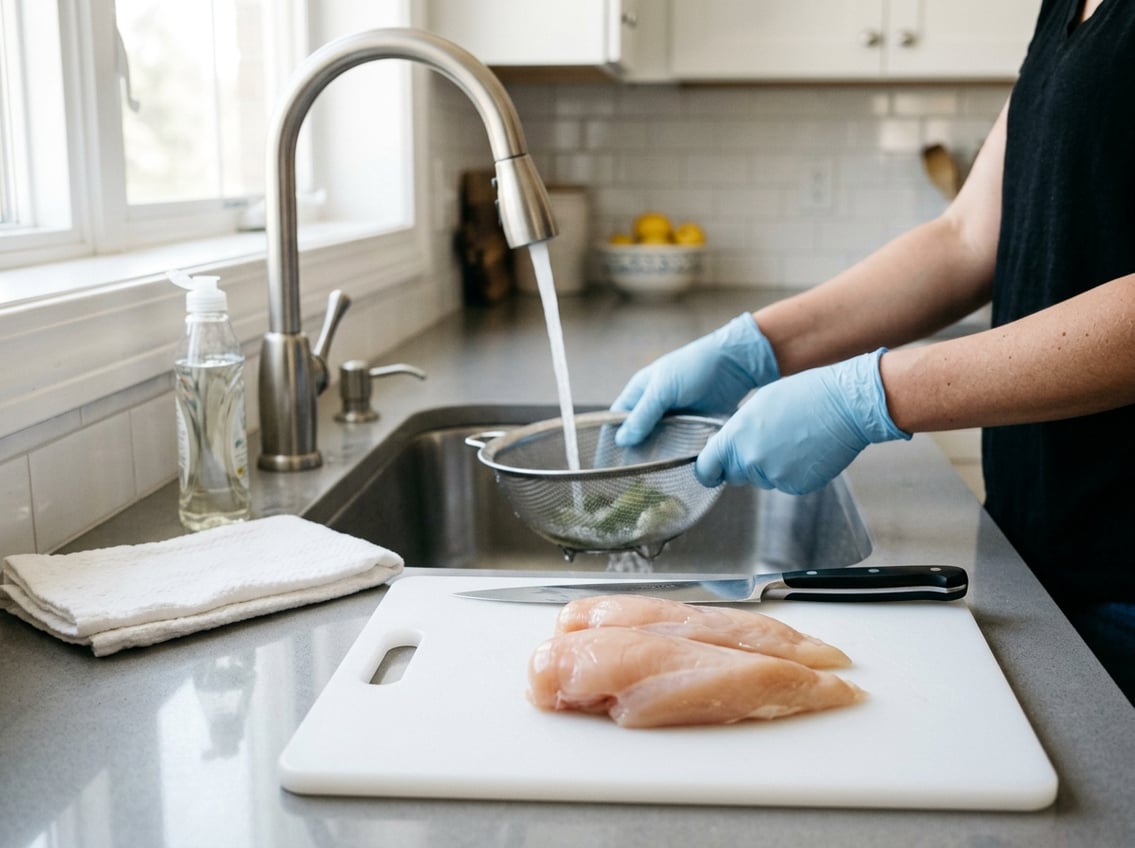 Raw chicken breasts on a cutting board next to a kitchen sink with running water and a person’s hands nearby in a clean kitchen.