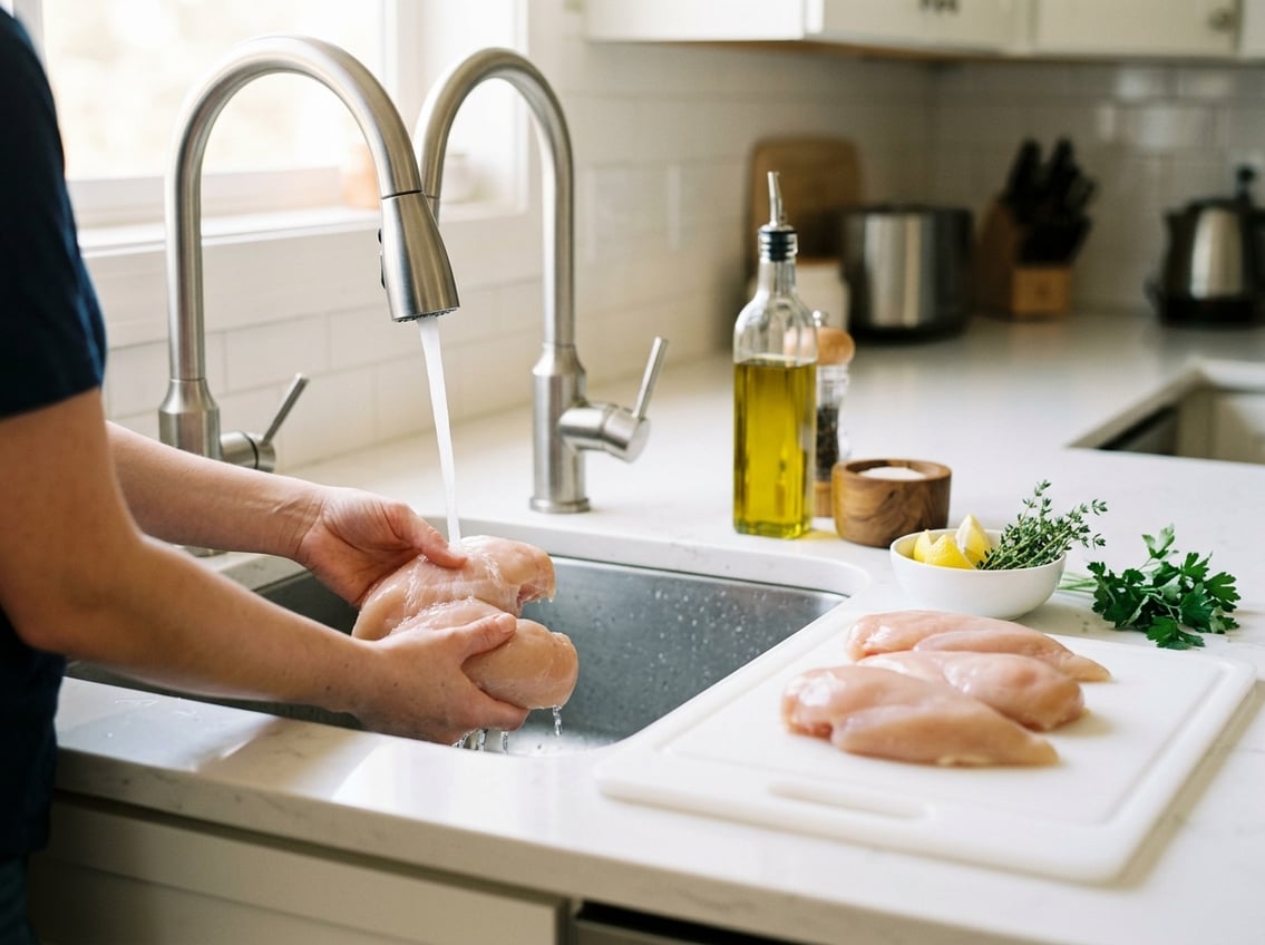 Hands rinsing raw chicken breasts under running water in a kitchen sink with fresh herbs and lemon slices on the countertop.
