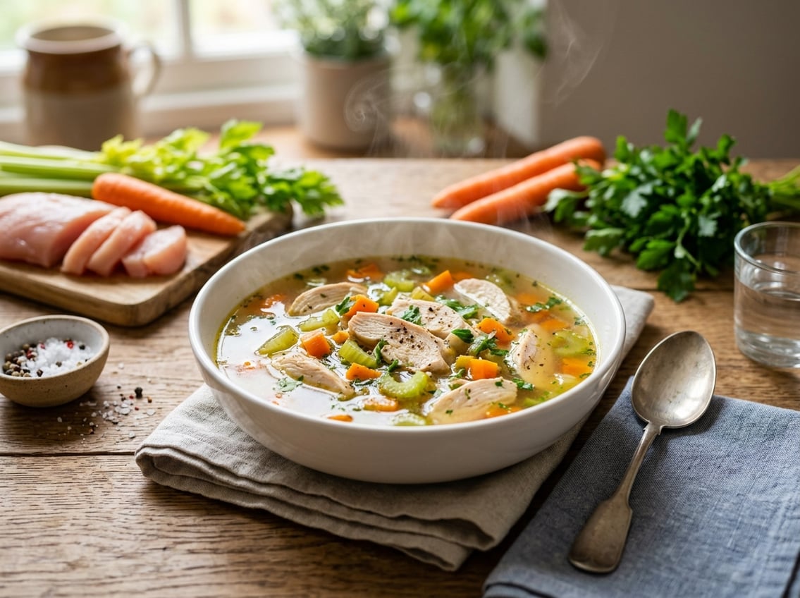 A bowl of chicken soup with sliced chicken breast and vegetables on a wooden table surrounded by fresh ingredients.