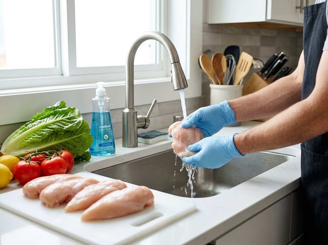 Person washing raw chicken breast under running water in a clean kitchen with fresh vegetables and utensils nearby.