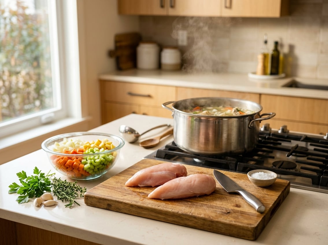 Fresh raw chicken breasts on a cutting board with chopped vegetables and a pot of chicken soup simmering on the stove in a kitchen.
