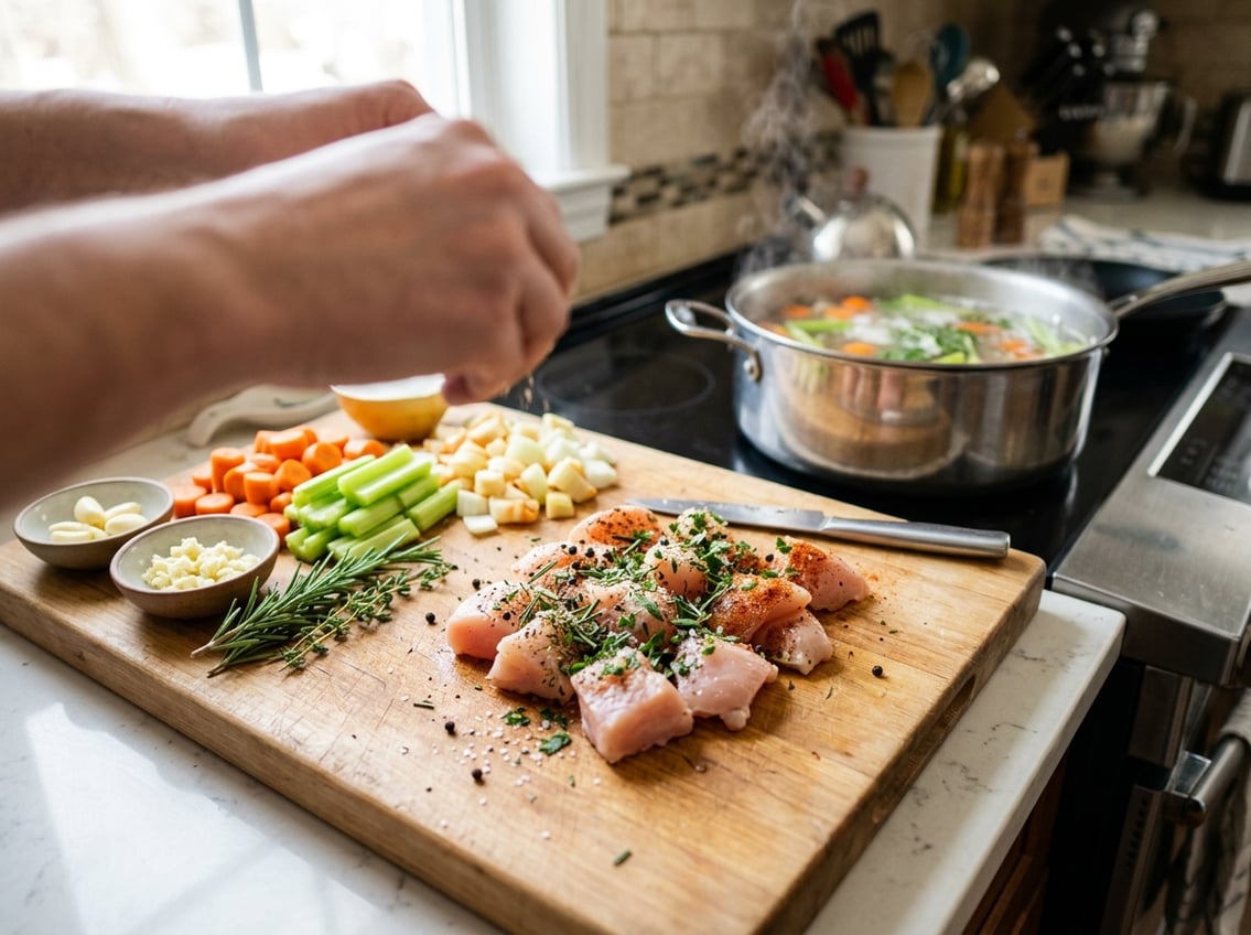 A kitchen scene showing raw chicken breast being seasoned with herbs and spices next to fresh vegetables and a pot of simmering soup on the stove.