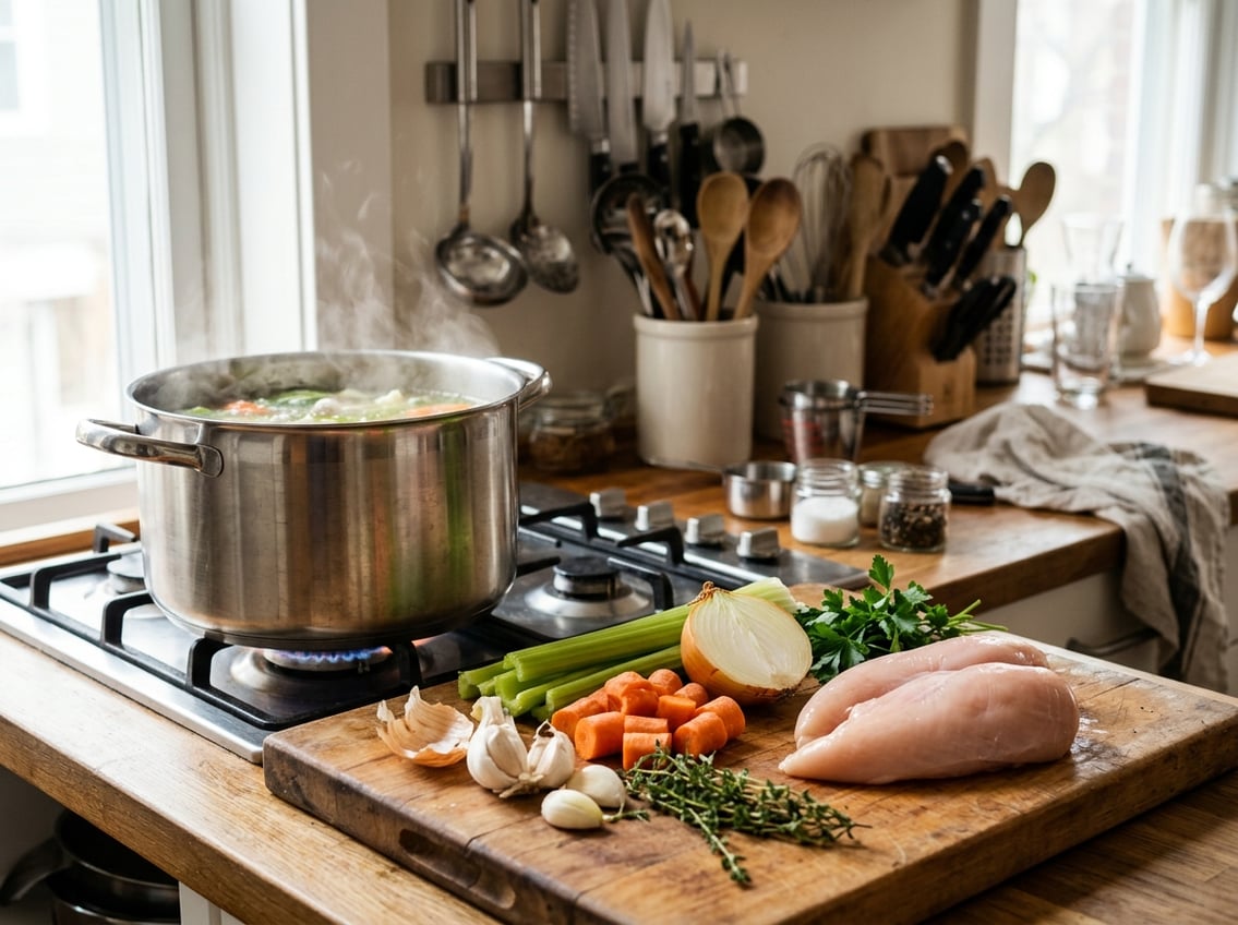 A kitchen scene with raw chicken breasts, fresh vegetables, and a pot simmering on the stove to make chicken soup.