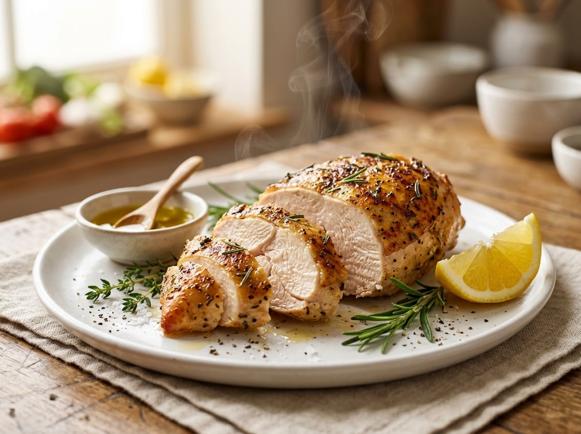 Close-up of a sliced, juicy chicken breast on a plate with fresh herbs, lemon wedge, and olive oil nearby.