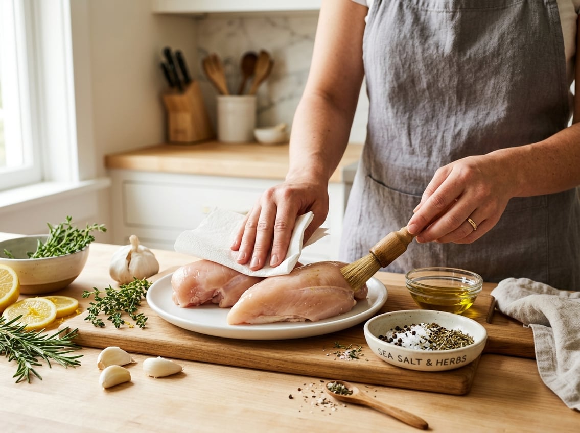A kitchen countertop with raw chicken breasts being prepared with seasoning, olive oil, lemon, garlic, and herbs.
