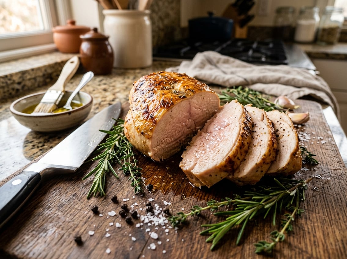 Sliced cooked chicken breast showing juicy interior on a cutting board with herbs and kitchen utensils.