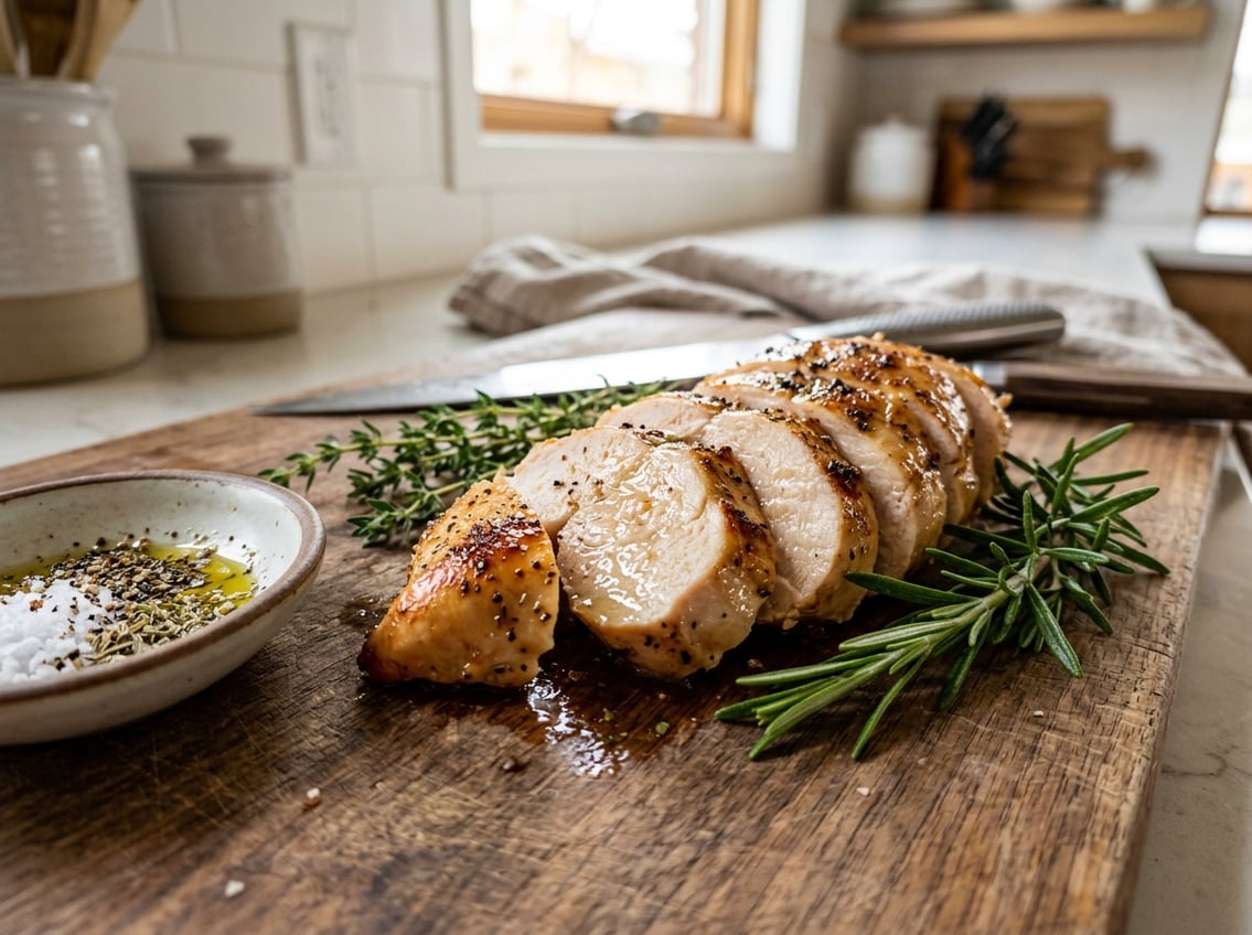 Close-up of sliced cooked chicken breast on a wooden cutting board with fresh herbs and seasoning in a kitchen setting.