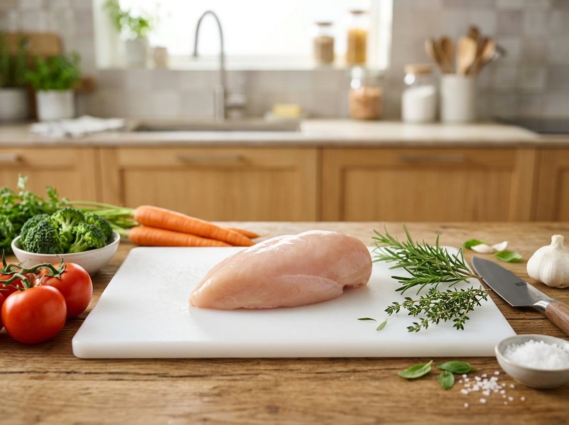 A raw chicken breast on a white cutting board surrounded by fresh vegetables and herbs in a kitchen.