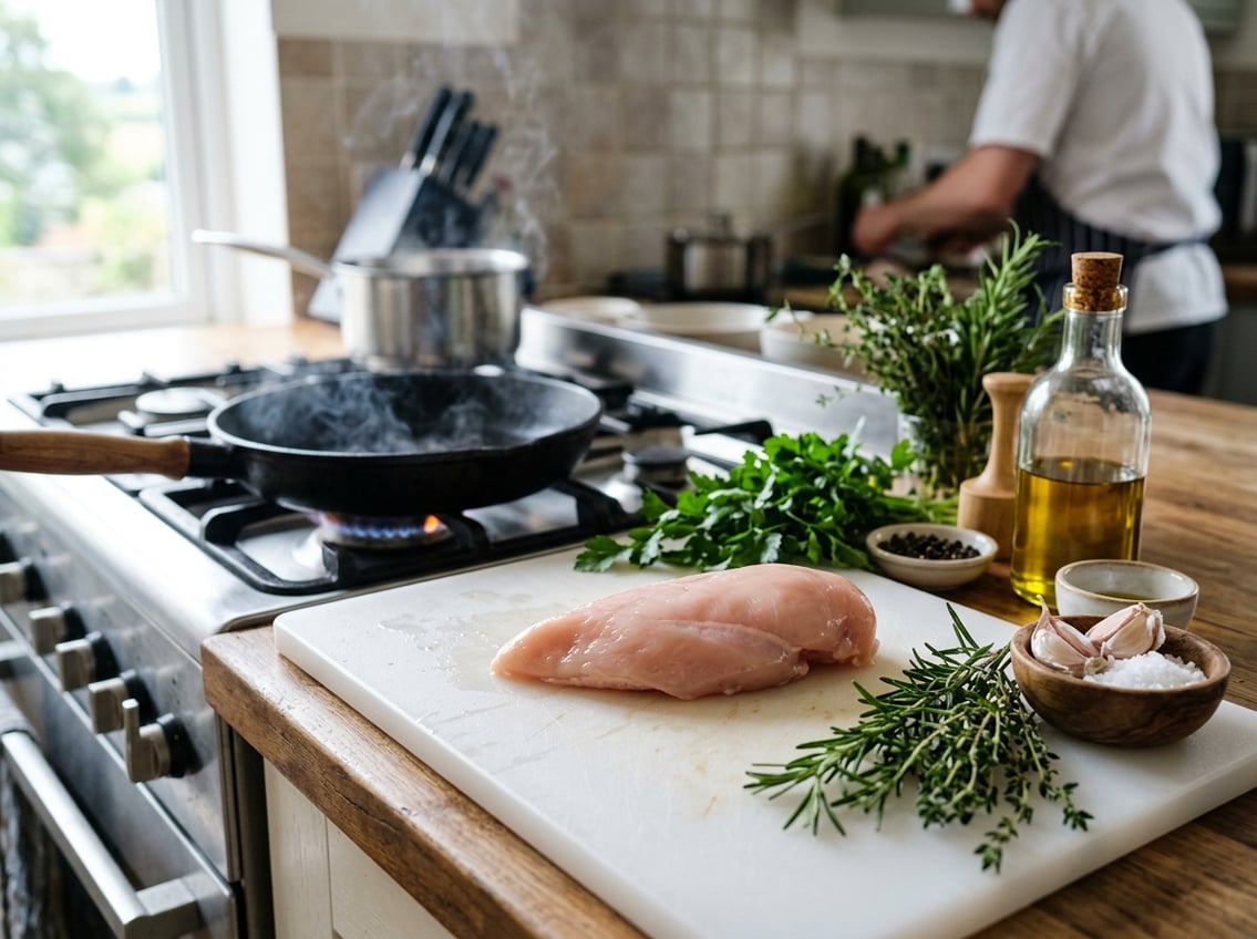 Close-up of a raw chicken breast on a cutting board with cooking ingredients and a frying pan heating on a stove in a kitchen.