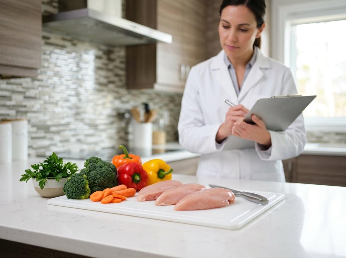 A person in a lab coat examines raw chicken breasts and fresh vegetables on a kitchen countertop.