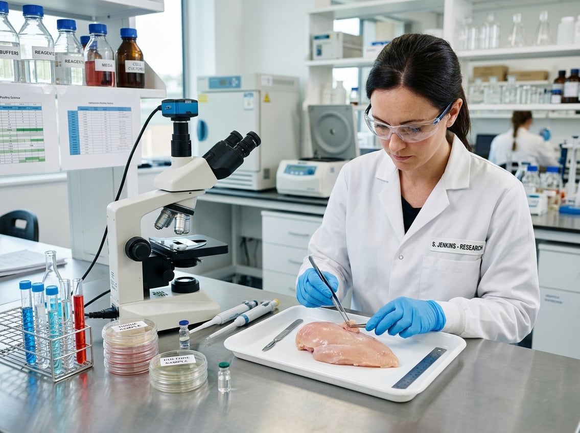 Scientist in a lab coat examining a raw chicken breast on a workbench surrounded by laboratory equipment.