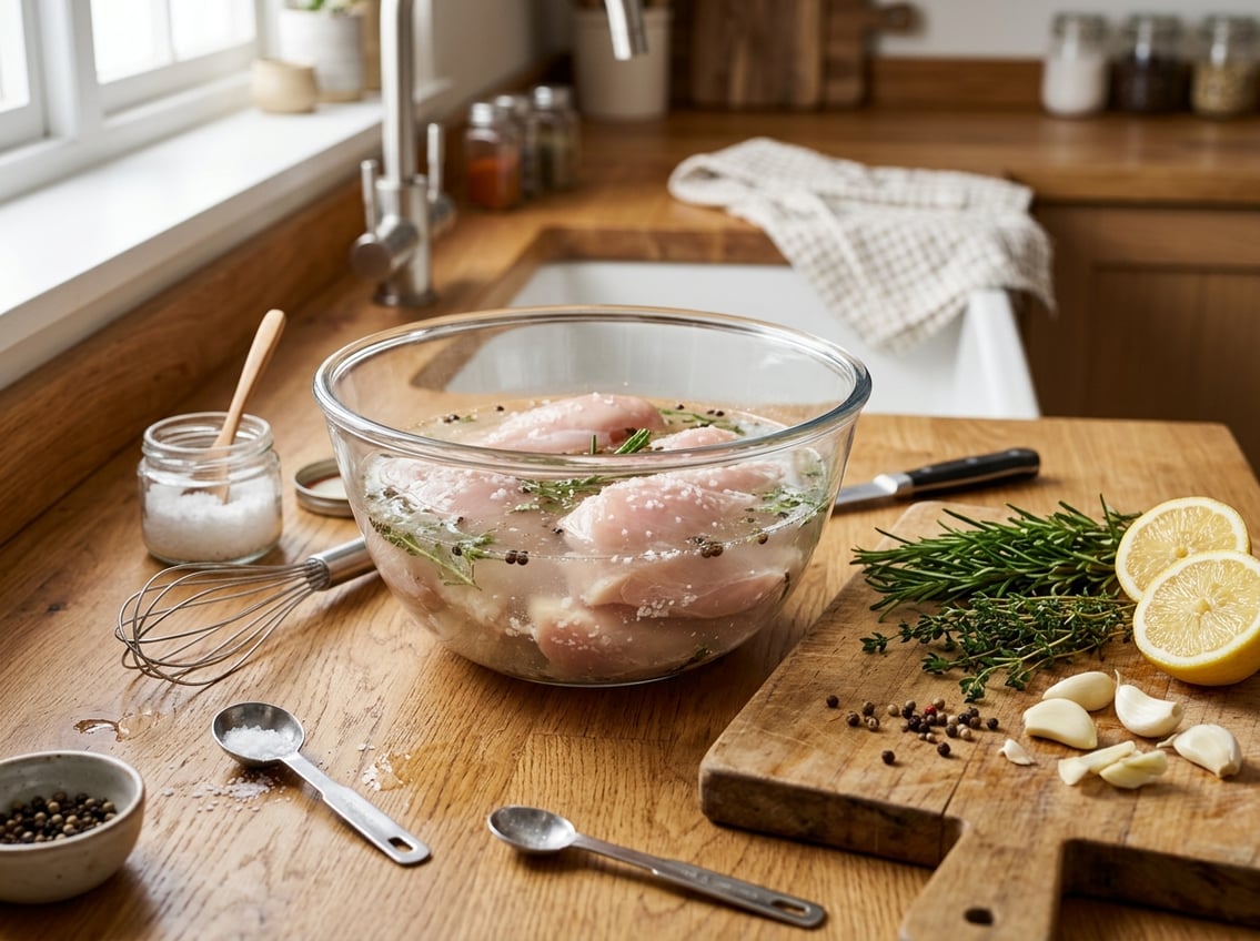 Raw chicken breasts soaking in a glass bowl of brine surrounded by fresh herbs, garlic, and lemon on a kitchen countertop.