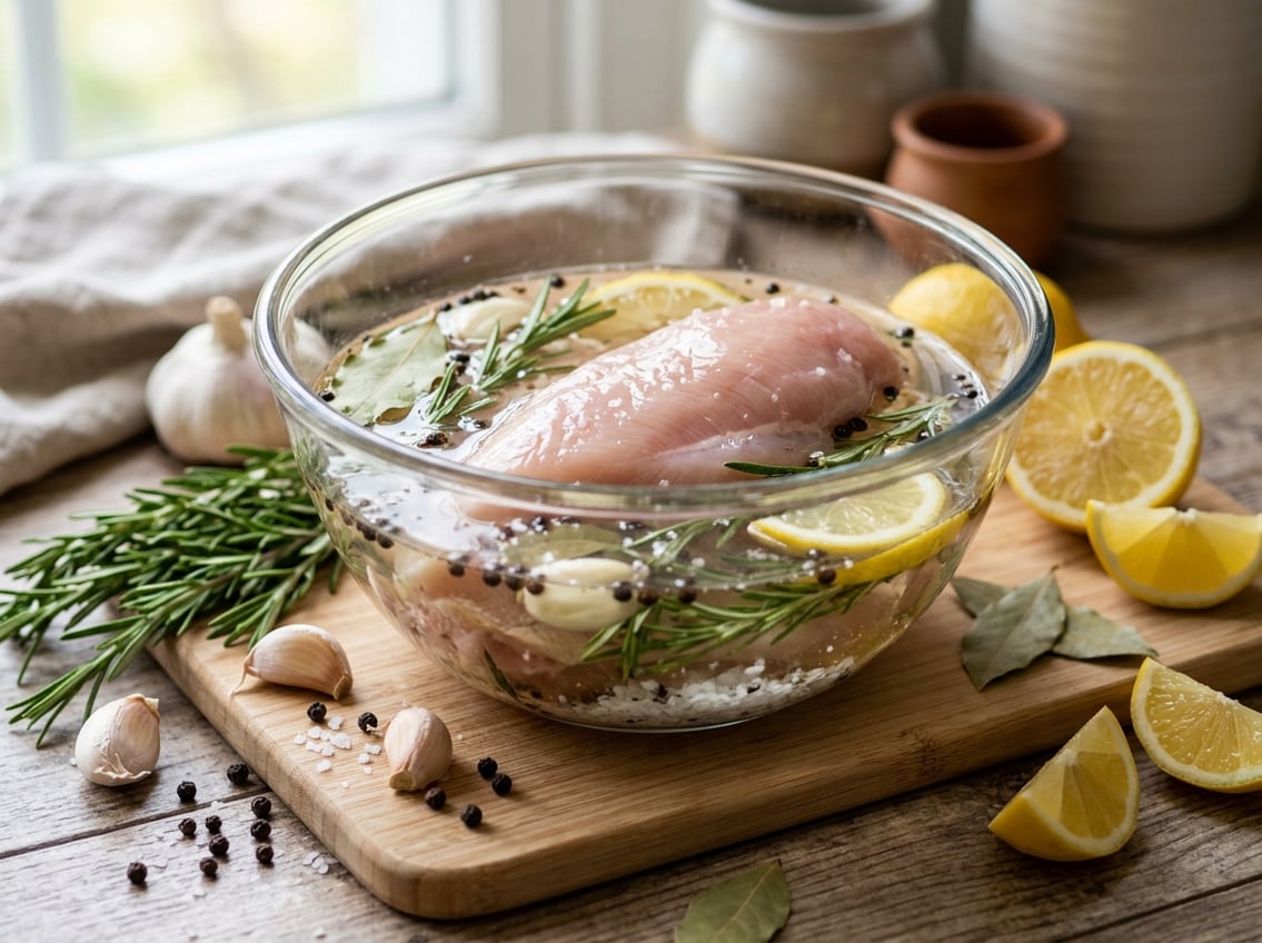 A raw chicken breast soaking in a bowl of brine surrounded by herbs, garlic, and lemon slices on a kitchen countertop.