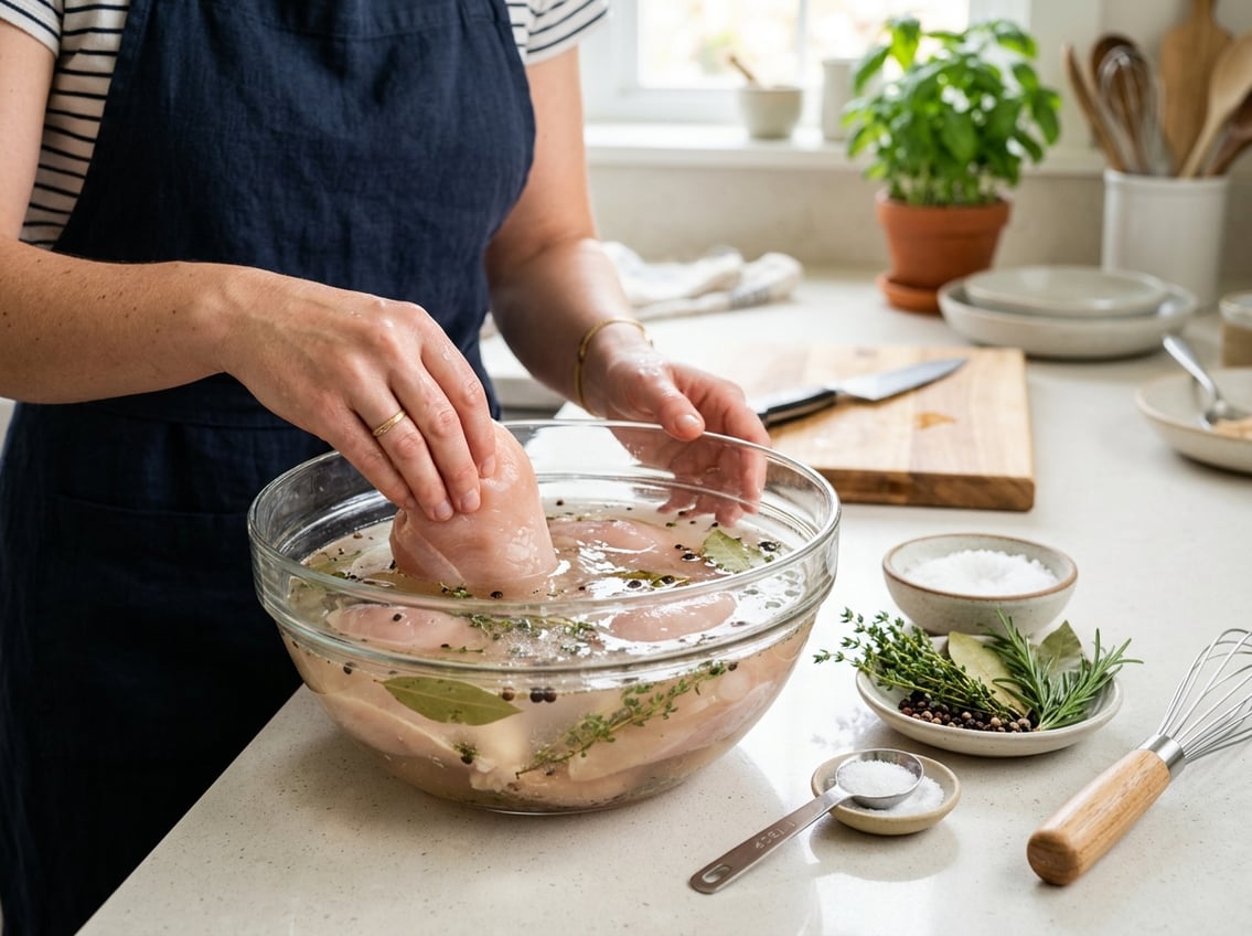 Hands placing raw chicken breasts into a glass bowl filled with water on a kitchen countertop, with salt and herbs nearby.
